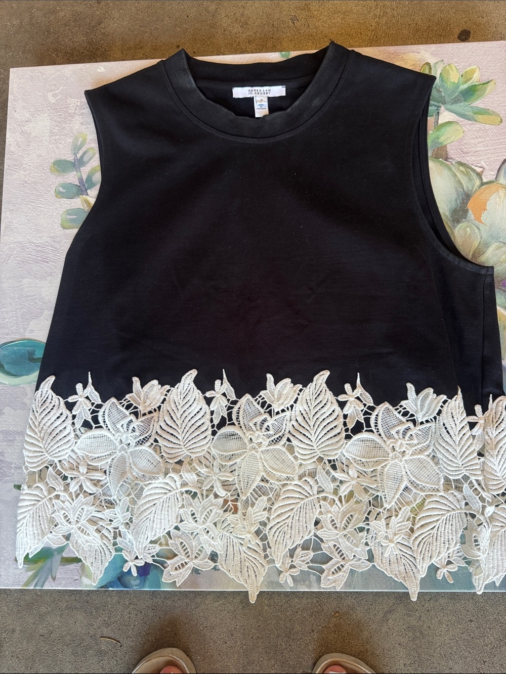 Derek Lam Black Sleeveless Top with White Lace Hem